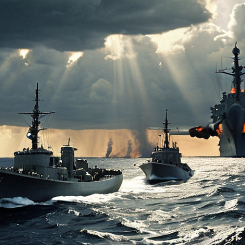 Home 4 **
A tense standoff at sea during the Cuban Missile Crisis, 1962. Soviet ships carrying missiles are approached by US Navy vessels enforcing a blockade. Dramatic lighting emphasizes the gravity of the situation. Depict JFK and Khrushchev in spirit overlooking the ocean conflict.
**