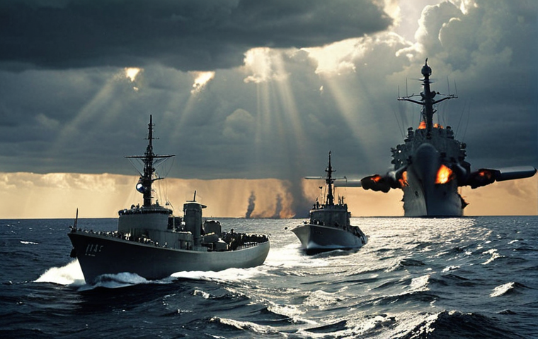 **

A tense standoff at sea during the Cuban Missile Crisis, 1962. Soviet ships carrying missiles are approached by US Navy vessels enforcing a blockade. Dramatic lighting emphasizes the gravity of the situation. Depict JFK and Khrushchev in spirit overlooking the ocean conflict.

**