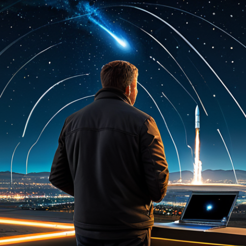 Home 14 SpaceX's Starlink Vision**
"A futuristic cityscape at night, illuminated by countless Starlink satellites in the sky. People in modest clothing are using laptops and tablets, connected to the internet. In the background, a Falcon 9 rocket launches, emphasizing reusability. Safe for work, appropriate content, fully clothed, professional. Perfect anatomy, correct proportions, natural pose, well-formed hands, proper finger count, natural body proportions, high quality, digital art."
**